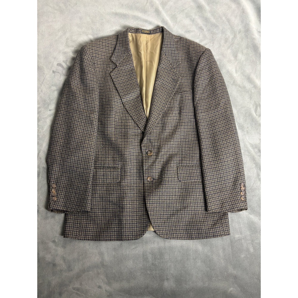 Oscar de la Renta Mens 43R Wool Houndstooth Sport Coat Blazer Brown Blue 5376BX